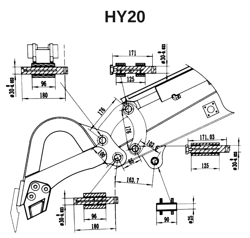 HY20 attachment pin dimension schematic: 30mm pins, 100mm pin centres, 96mm inside ear width, 180mm overall width